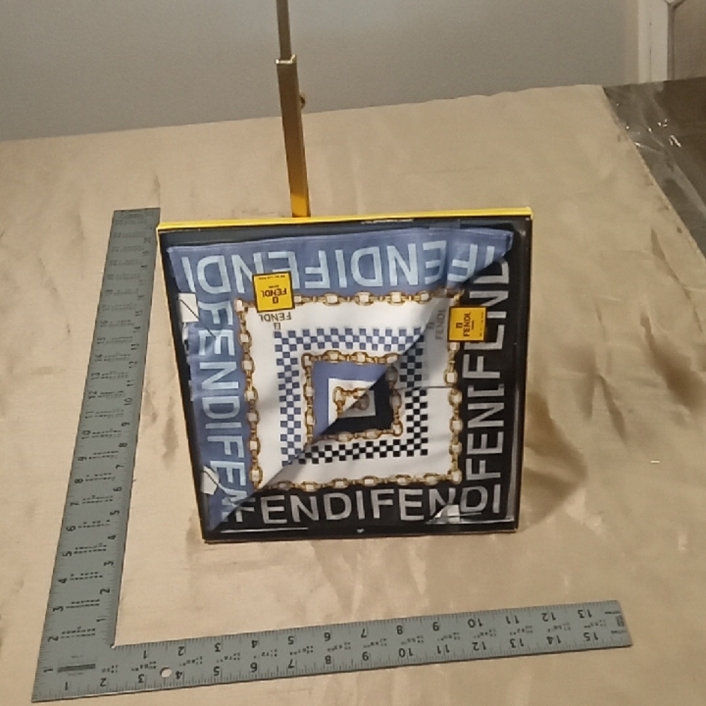 Fendi Blue and Gold Geometric Decor Accent Scarf Handkerchief 2 each